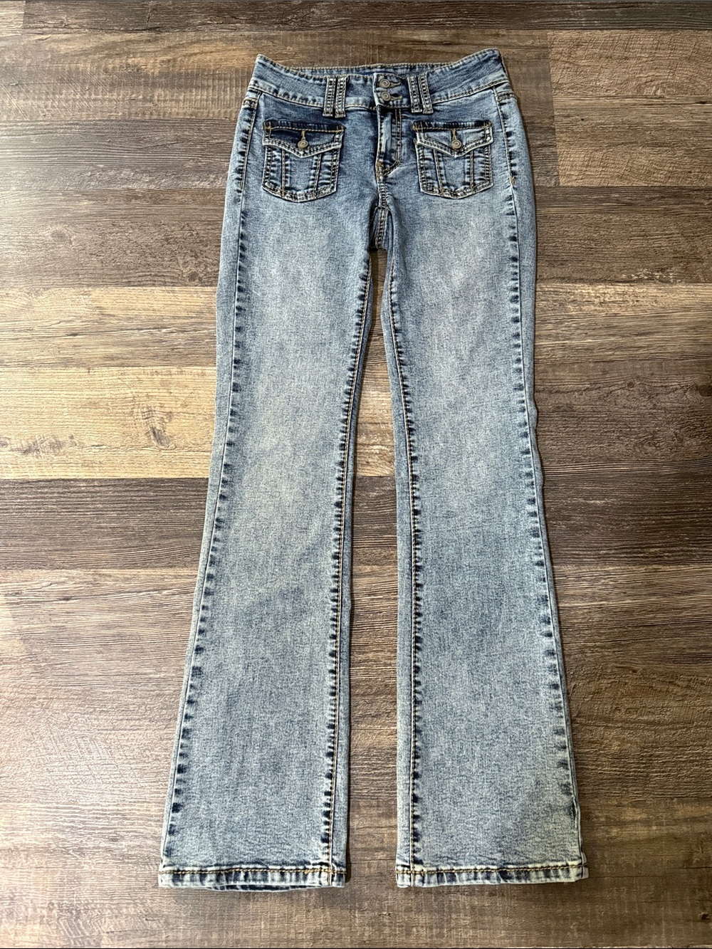 Project Indigo Acid Wash Low Rise Button Pocket Bootcut Jeans Juniors Size 3